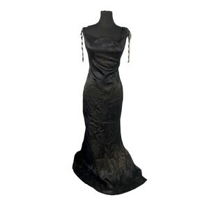Marthea Floral Black Witchy Whimsigoth Bustier Lace up Back Satin Maxi Dress Y2K